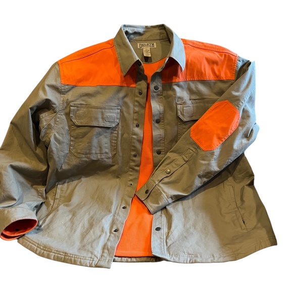 Duluth TradingCo Sportman Jacket/Coat Tan Canvas Orange liner Patches Snap Close - Picture 1 of 12